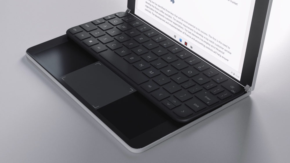 Microsoft Surface Duo mit virtuellem Trackpad und physischer Tastatur